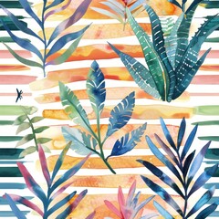 Seamless repeating background pattern of horizontal orange and green interrupted stripes overlayed by plant motifs