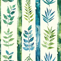  Seamless repeating background pattern of vertival green lines with plant leaves in between