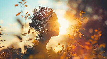 Silhouette of a woman's profile with double exposure of trees and sunlight. Artistic outdoor portrait, nature and human connection concept