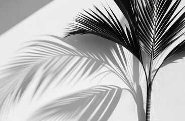 Silhouette of tropical palm, bamboo leaf, branch and shadow of a plant on white wall. Space for text. A decorative element. Monochrome black and white template. Perfect for mock up. Copy space
