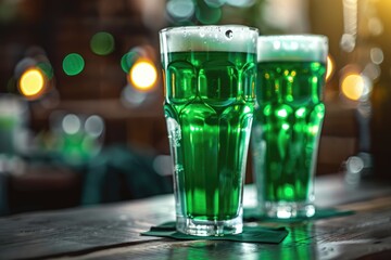 Green Beer Cheers! Celebrate St. Patrick's Day with Two Glasses of Green Beer on Wooden Table - obrazy, fototapety, plakaty