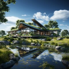 3d rendering of concept green eco house, in the meadow background