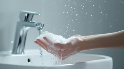 Splashing water on hands with soap suds over a sink. Hygiene and health concept, clean water and sanitation design