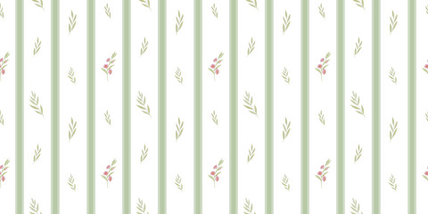 seamless watercolor pattern with flower and leaves, green and pink on white background