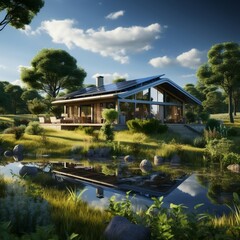 Obraz premium 3d rendering of concept green eco house, in the meadow background