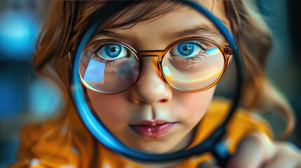 A curious child exploring the wonders of science through a magnifying glass, eyes wide with wonder.