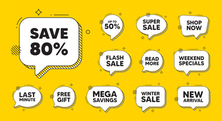 Fototapety  Offer speech bubble icons. Save 80 percent off tag. Sale Discount offer price sign. Special offer symbol. Discount chat offer. Speech bubble discount banner. Text box balloon. Vector