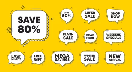 Foto op Plexiglas Offer speech bubble icons. Save 80 percent off tag. Sale Discount offer price sign. Special offer symbol. Discount chat offer. Speech bubble discount banner. Text box balloon. Vector © blankstock