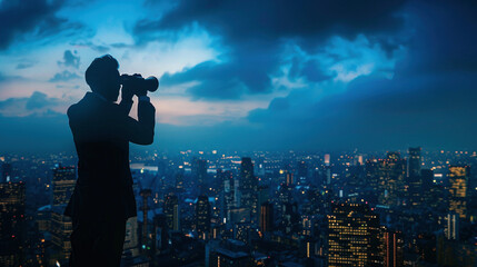 City Visionary: Businessman Silhouette with Binoculars and Urban Skyline - obrazy, fototapety, plakaty