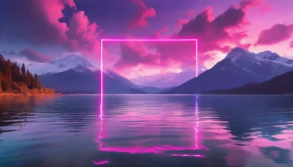 Zelfklevend Fotobehang Neon Dreams: A Pink Rectangle Reflects in the Lake" © Sadaqat
