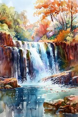 Serene Waterfall Watercolor Painting. Scenic Cascade in the Forest Landscape. Natural Beauty of Water Stream in Summer and Spring