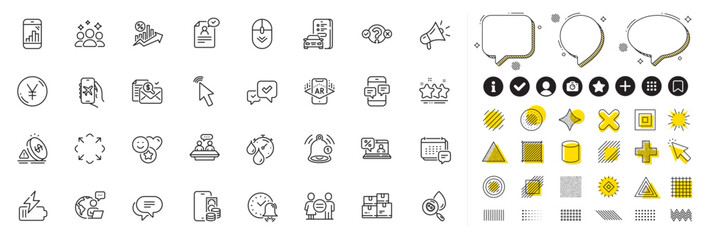Set of Smile, Yen money and Resume document line icons for web app. Design elements, Social media icons. Equality, Phone messages, Scroll down icons. Megaphone, Phone pay, Water analysis signs. Vector
