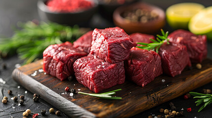 Fresh raw Prime Black Angus beef steaks on wooden board: Tenderloin, Denver Cut, Striploin