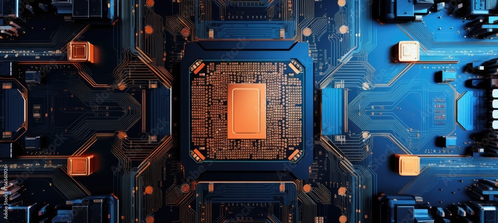 Aufkleber Computer motherboard with CPU. Circuit board system chip with core processor. Computer technology background.