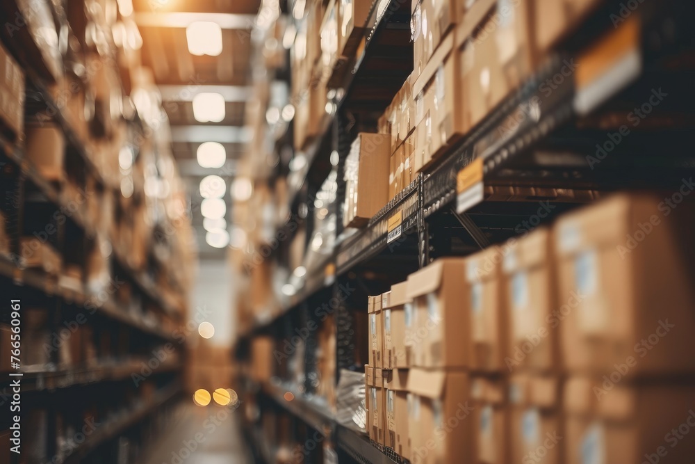 Poster shelves lined with boxes in a distribution center
