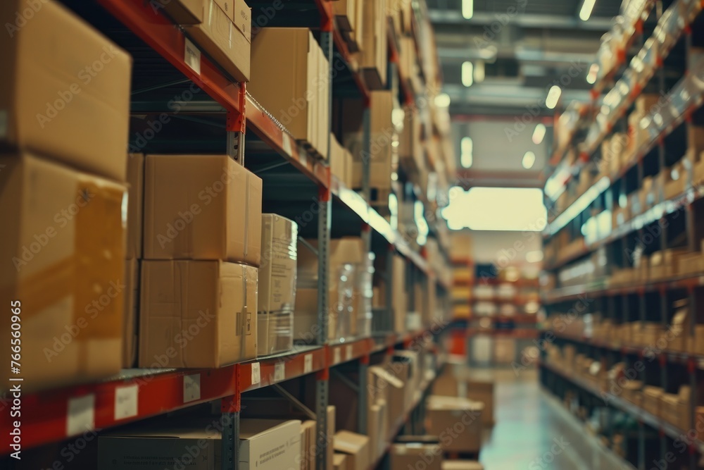 Poster shelves lined with boxes in a distribution center