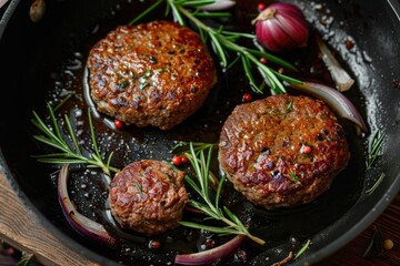 Organic beef hamburger patties with spices in a frying pan. Top view.