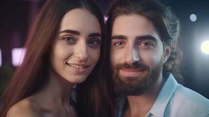 A man and woman, smiling, stand together with jaw and eyelashes visible