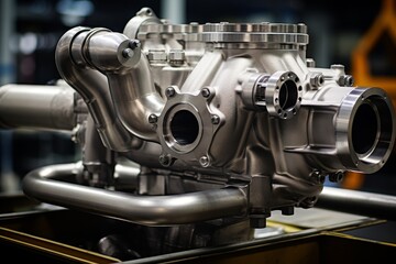 An intricately designed exhaust manifold for heavy machinery showcased in a professional mechanic's garage