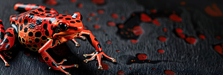 a red and black frog with black spots on it's body sitting on a black surface with red and black spots on it's body.