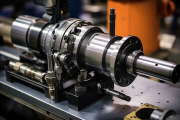 The art of precision engineering: A close look at a spindle shaft on an industrial workbench - obrazy, fototapety, plakaty