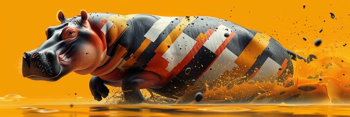Abstract colorful hippopotamus in dynamic motion: digital art of a striped, vibrant hippo splashing in water on an orange background