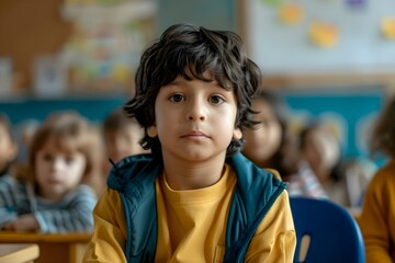 A Latino boy with dark hair sits attentively in a primary school classroom with other children in the background. Concept Education, Diversity, School, Children, Classroom