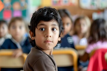 A Latino boy with dark hair attentively sits in a primary school classroom among other children in the background. Concept Education, School life, Diversity, Classroom, Childhood