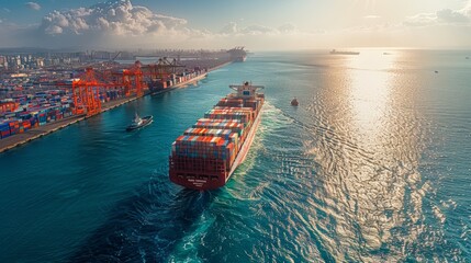 A container ship is being unloaded in the harbor in sunny weather - obrazy, fototapety, plakaty