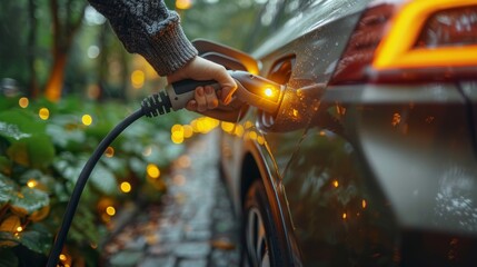 Hand inserting EV charging plug to electric vehicle in focus shot with blurred background of outdoor natural greenery - obrazy, fototapety, plakaty