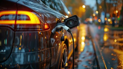 EV charging plug to electric vehicle - obrazy, fototapety, plakaty