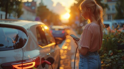 Woman charging electric car at the charging station and using mobile phone