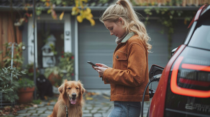 Young woman stands with her dog and using smart phone while charging her electric car near garage of her hous - 766562139