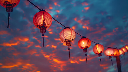 top down foto of hanging round red Chinese lanterns at night on line under sky with clouds - obrazy, fototapety, plakaty