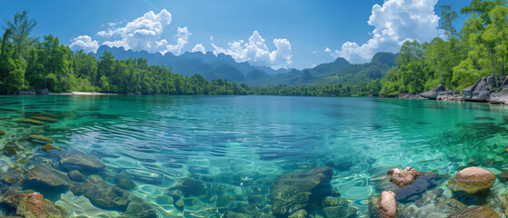 panorama view of of clear water at watershed forest, beautiful nature banner background - obrazy, fototapety, plakaty