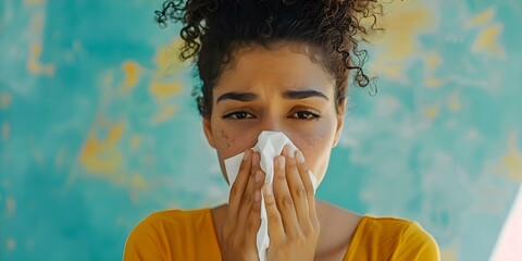 Managing Cold or Allergy Symptoms: A Woman Blowing Her Nose with a Tissue During Discomfort. Concept Common Cold, Allergy Symptoms, Tissue Use, Women's Health, Nasal Congestion - obrazy, fototapety, plakaty