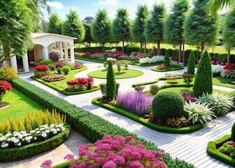 garden with flower bed and beautiful landscaping in the public park - obrazy, fototapety, plakaty