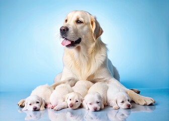 Labrador retriever puppies with mother on blue background. Studio shot.