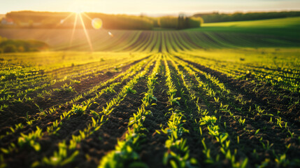 Plowed spring farm fields with sprouts. Sunny weather. Agriculture. - obrazy, fototapety, plakaty