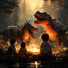 Illustration painting of Dinosaurs sitting with a boy, digital painting - obrazy, fototapety, plakaty