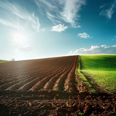 Plowed spring farm fields with sprouts. Sunny weather. Agriculture.