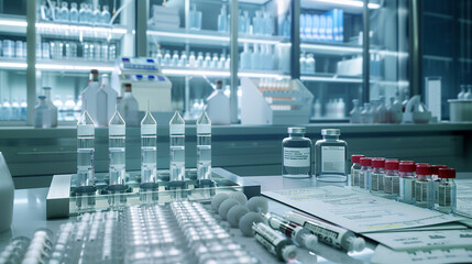 Obraz premium Cutting-Edge Laboratory: Vaccines, Equipment, and Research Papers