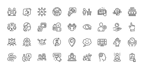 Yoga, Teamwork and Engineering line icons pack. AI, Question and Answer, Map pin icons. Fake information, Inspect, Buying process web icon. Smile, Lawyer, Cursor pictogram. Vector