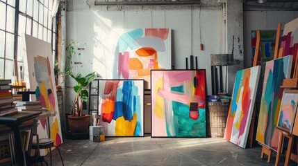 A contemporary art studio with black frame mockups exhibiting vibrant abstract paintings. - obrazy, fototapety, plakaty