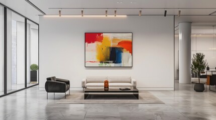 A contemporary art gallery featuring a large frame mockup displaying a striking abstract painting.