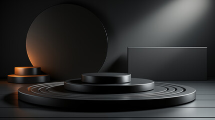 Black podium for product display on black background. 3D rendering illustration

