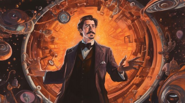 A man in a suit is standing in front of a large circle with a mustache. The man is holding his hands out, as if he is trying to reach something. The image has a mysterious and intriguing mood