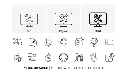 Headphones, Globe and Computer line icons. Pack of Star, Project deadline, Mail app icon. Repair, User notification, Ph neutral pictogram. Air balloon, Certificate, Energy drops. Line icons. Vector