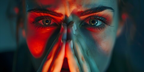 Person with allergic rhinitis symptoms sneezing and red eyes due to seasonal allergies. Concept Seasonal Allergies, Allergic Rhinitis, Sneezing, Red Eyes, Symptoms - obrazy, fototapety, plakaty
