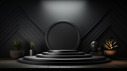Black podium for product display on black background. 3D rendering illustration


